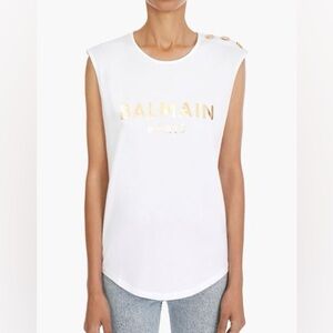 Balmain white eco-designed cotton tank top shirt gold Balmain logo buttons
